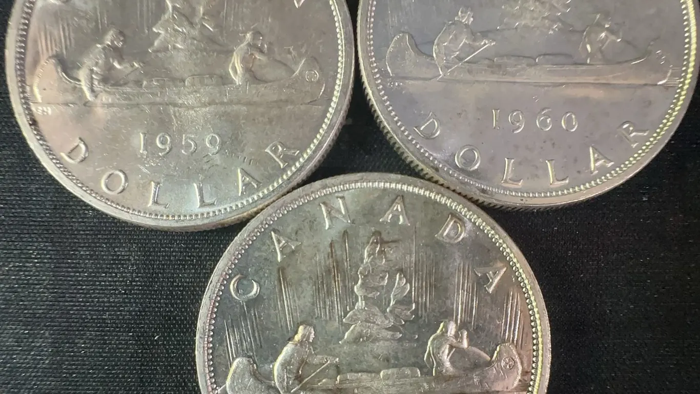 Three .800 Silver Canadian Dollars, 1959 and 1960, 70g Total