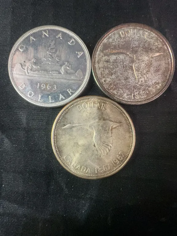 3 .800 Silver Canadian Dollar Coins, 1963-1967, 70g Total