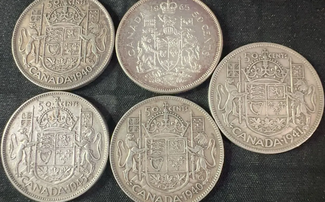 5 .800 Silver Canadian Half-Dollar Coins, 58g Total