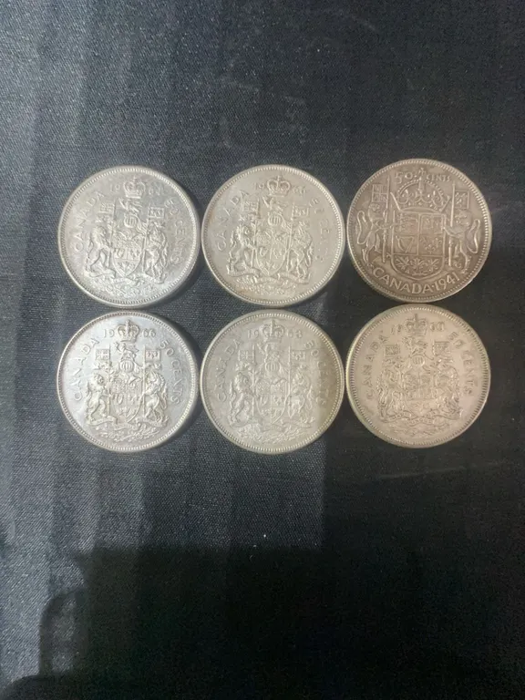 6 Canadian .800 Silver Half Dollars, 70g Total Weight
