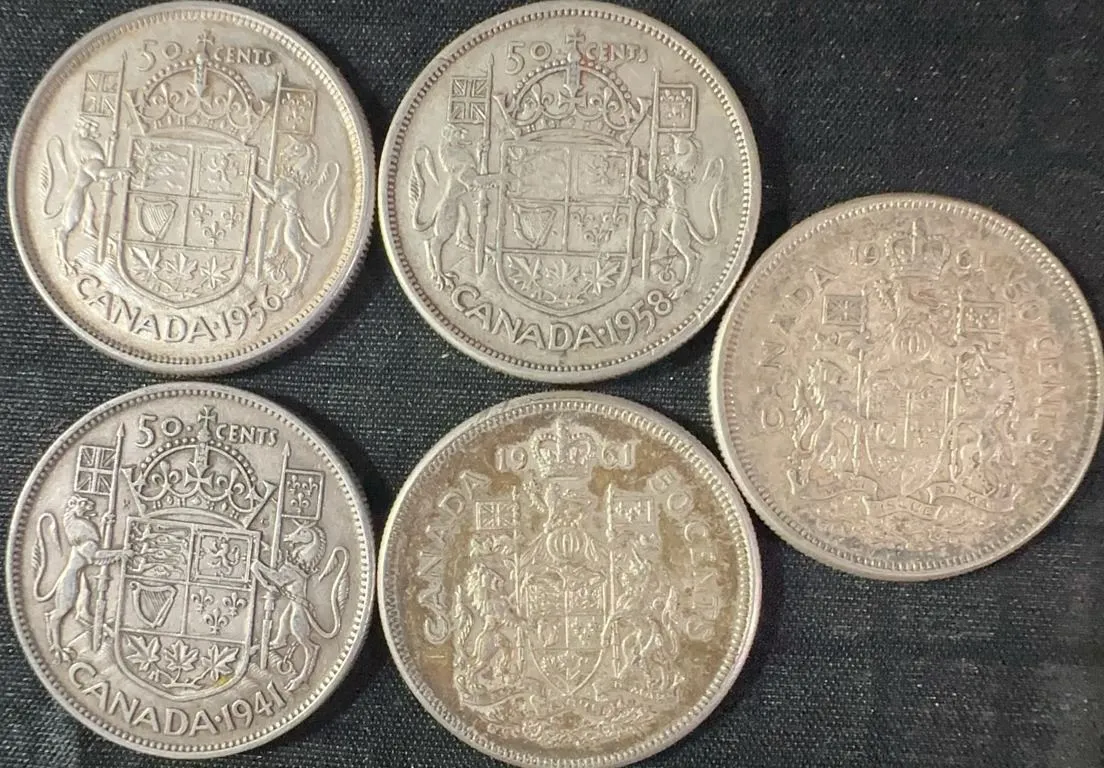 5 Canadian .800 Silver Half Dollars, 1.5 Troy Oz, 58.3g