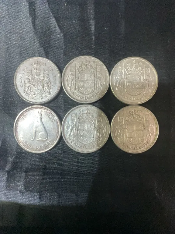 6 Canadian .800 Silver Half Dollar Coins, 70g Total Weight