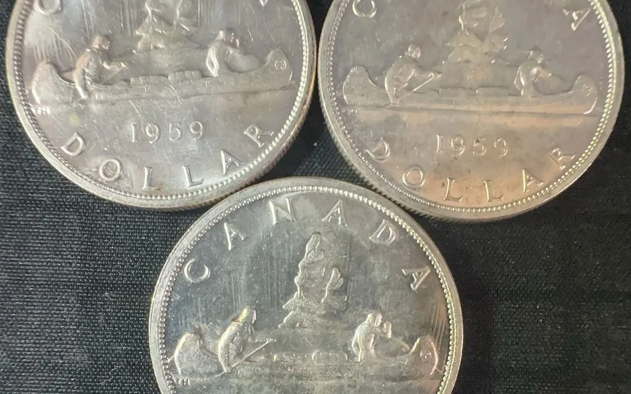 3 1959 .800 Silver Canadian Dollars, 70g Total