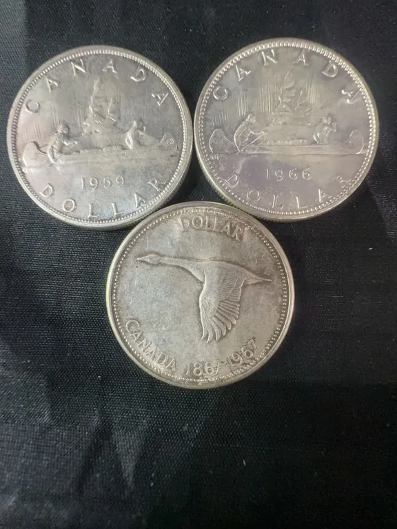 3 .800 Silver Canadian Dollar Coins, 1959, 1966, 1967, 70g