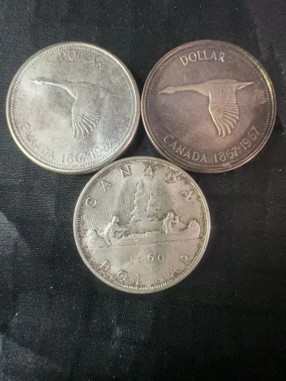 3 Canadian .800 Silver Dollar Coins, 1960 and 1867-1967, 70g Total