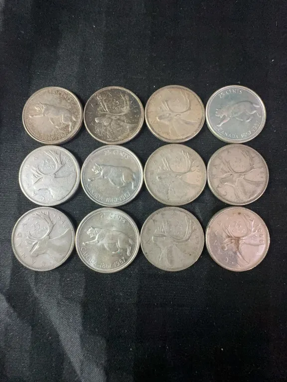 12 Canadian .800 Silver Quarters, 70g, 1.80 Troy Ounces