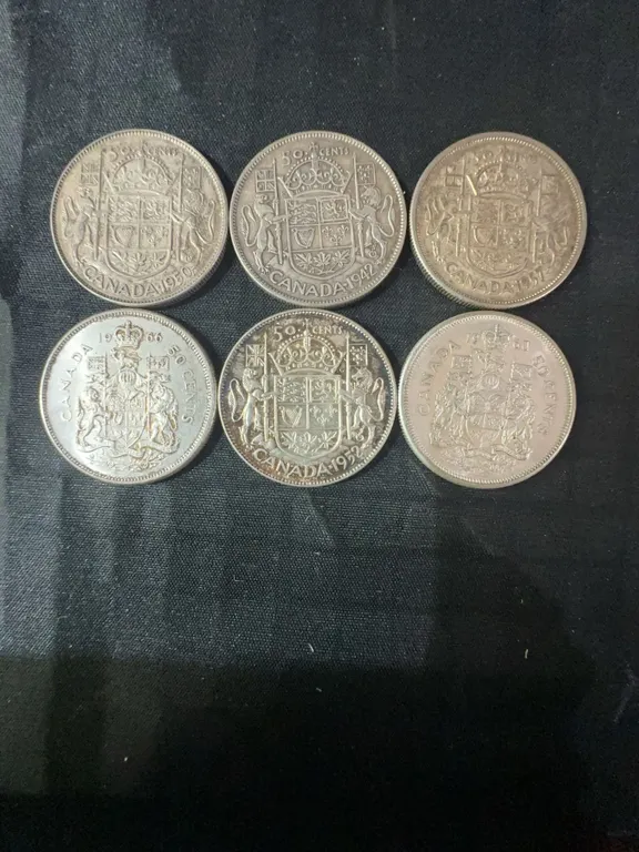 6 Canadian .800 Silver Half Dollars, 70g, 1.80 Troy Ounces Silver