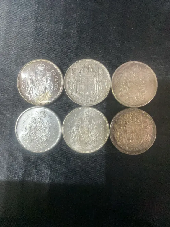 6 Canadian .800 Silver Half Dollars, 70g Total Weight