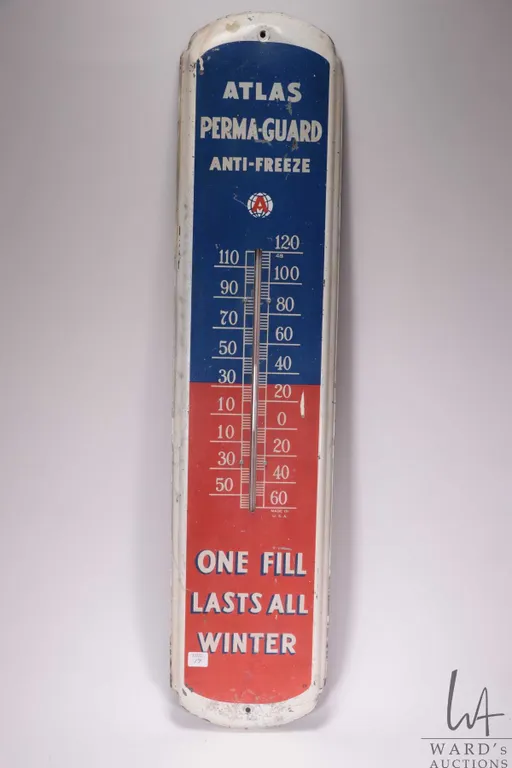 Vintage metal and porcelain Atlas Thermo-guard anti-freeze advertising sign, 36" H X 8" W
