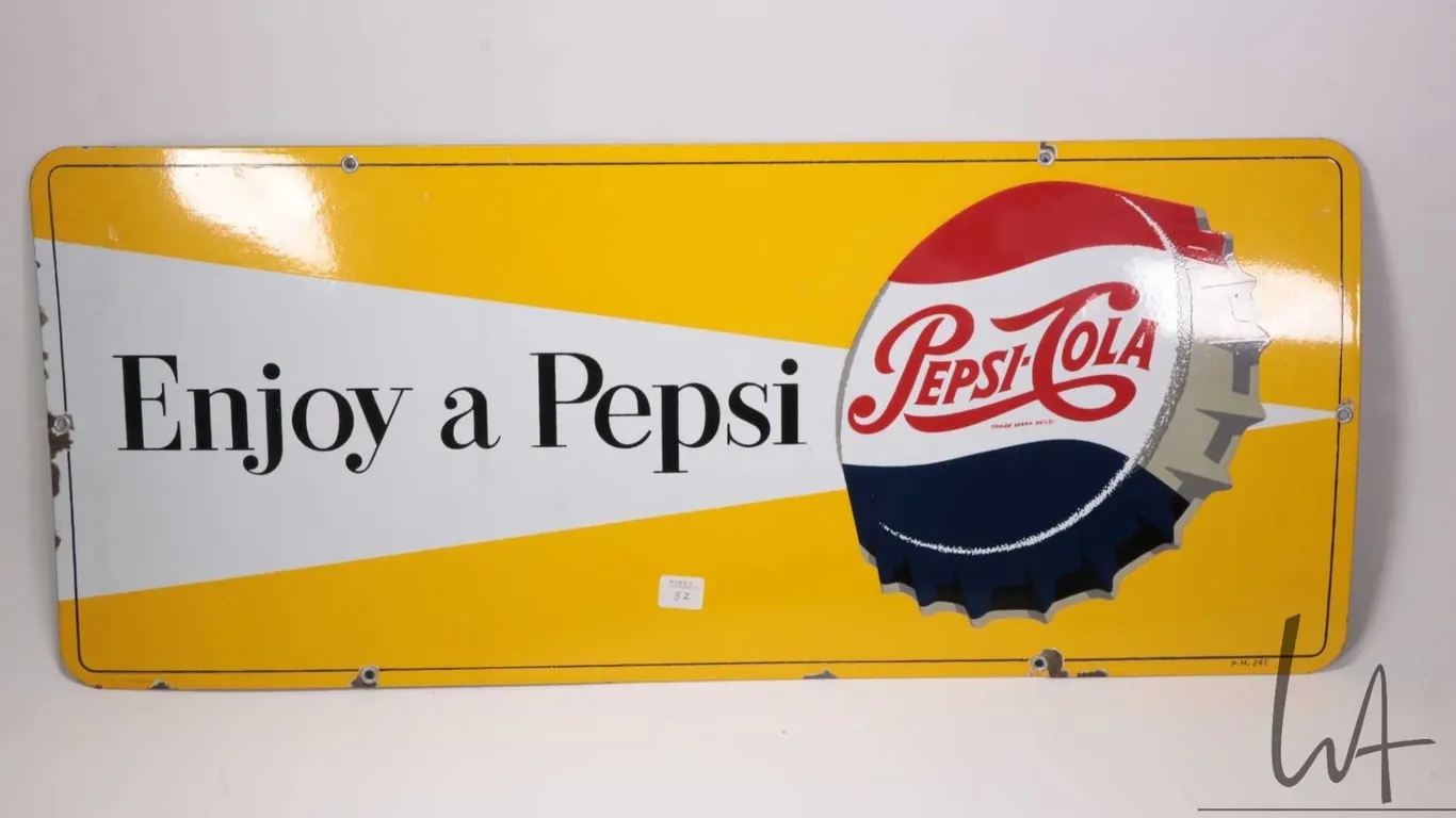 Vintage metal and porcelain "Enjoy A Pepsi" advertising sign, marked P & M Orillia and P.M.24E, 12"