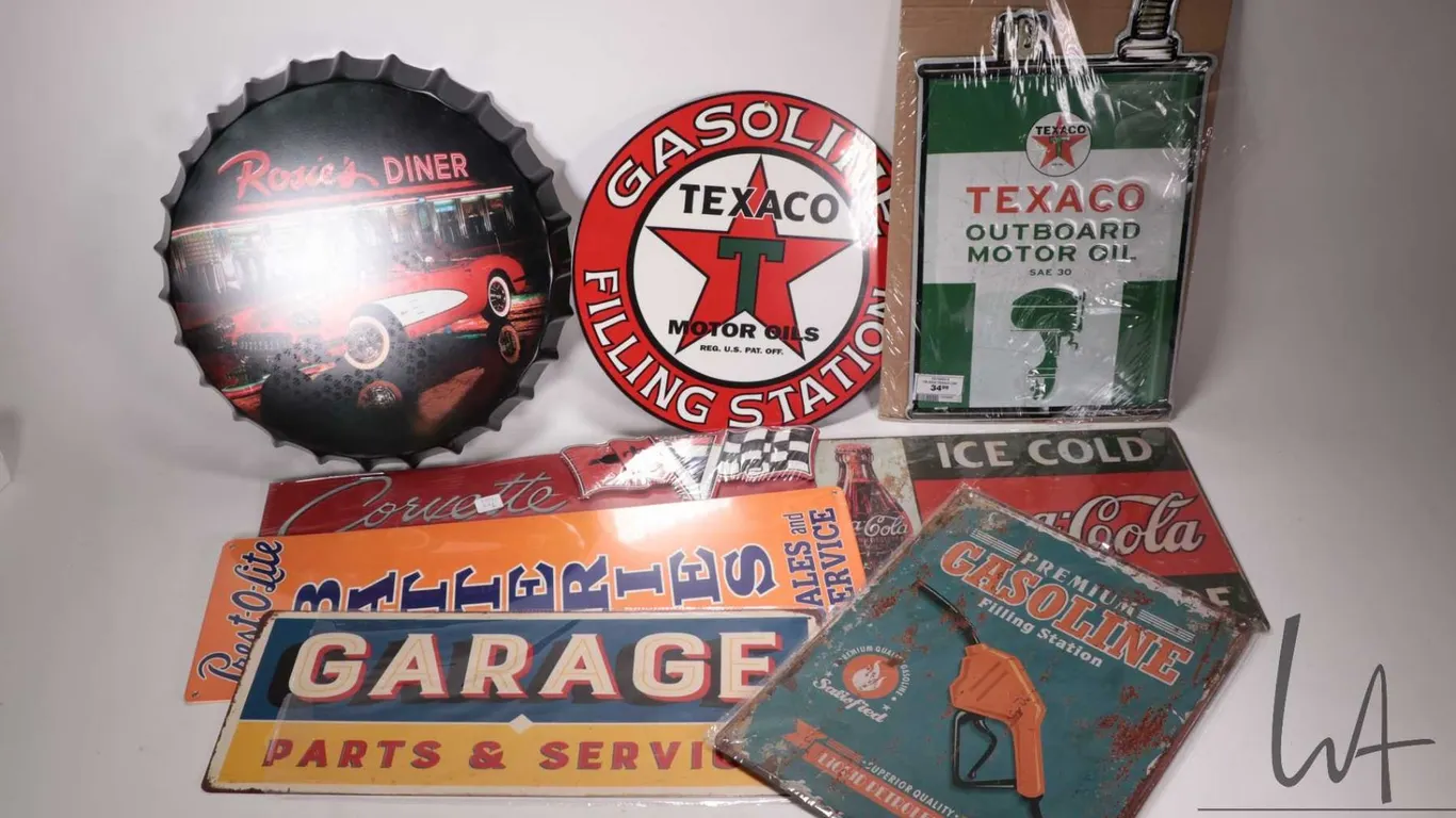 8 assorted reproduction metal wall signs and thermometers, various sizes and themes