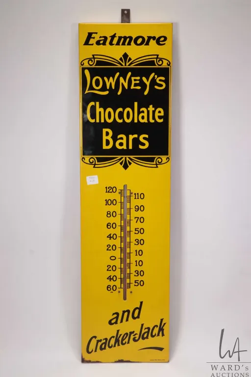 Vintage metal and porcelain Eatmore Lowney's Chocolate Bars (fahrenheit) marked General Steelwares L