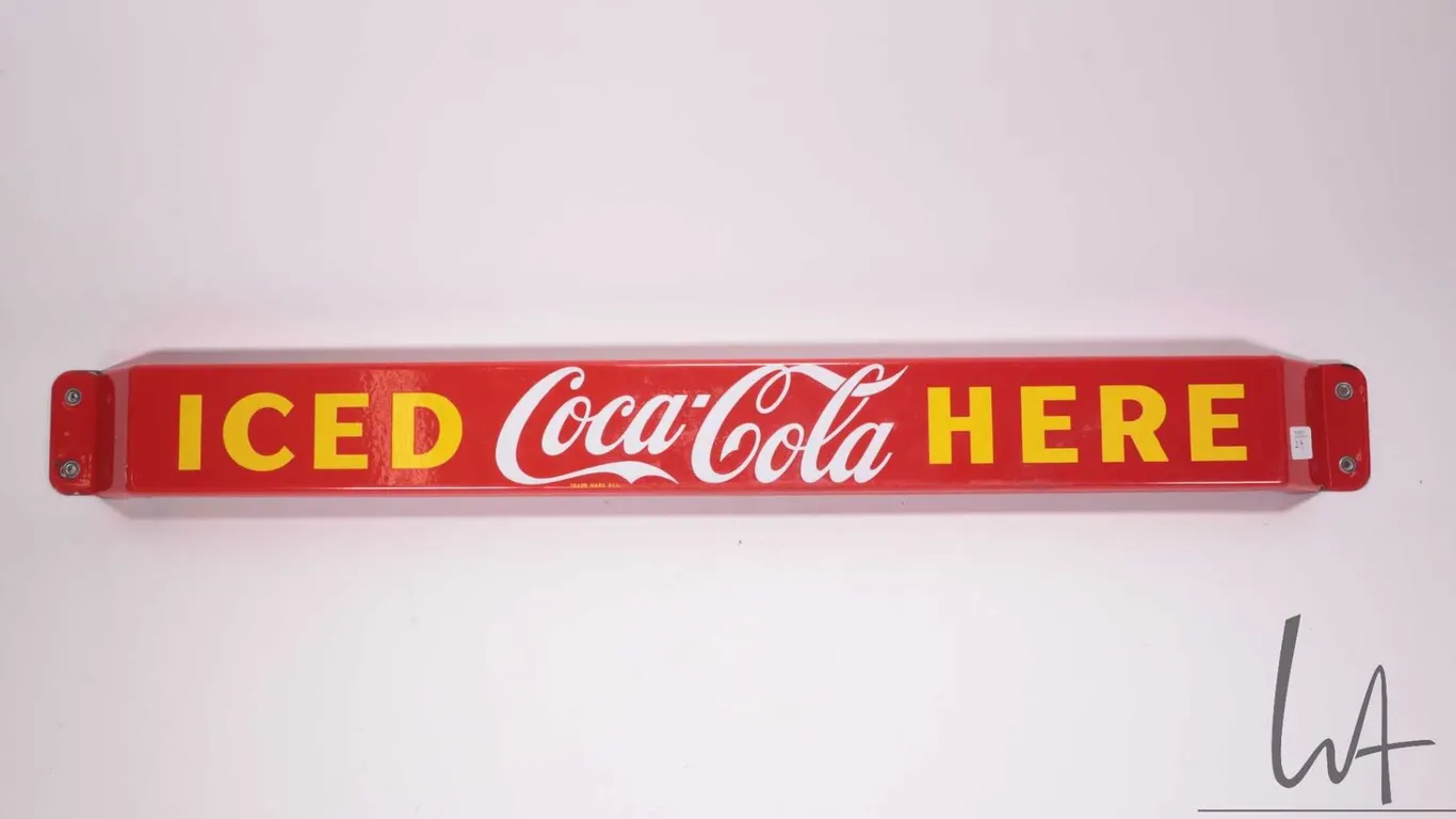 Vintage metal and porcelain " Iced Coca-Cola Here" 31 1/2"L X 3" W