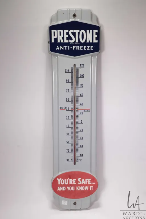 Vintage metal and porcelain Prestone Antifreeze thermometer (fahrenheit) marked Made in USA, 36" H