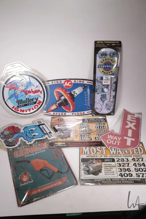 8 assorted reproduction metal wall signs and thermometers, various sizes and themes