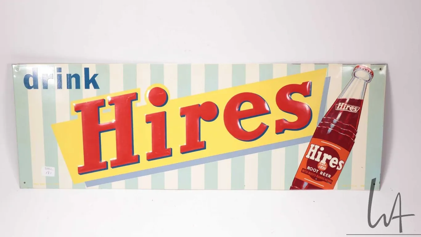 Vintage metal and porcelain "Hires" wall sign 9-1/2" x 27-1/2"