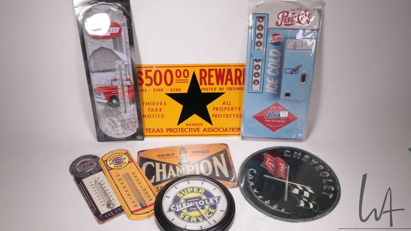 8 assorted reproduction metal wall signs and thermometers, various sizes and themes