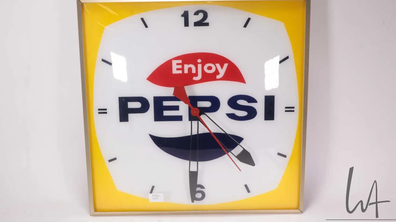 Vintage Pepsi clock with glass face, lightup back, working at time of cataloguing, 15-1/4" square