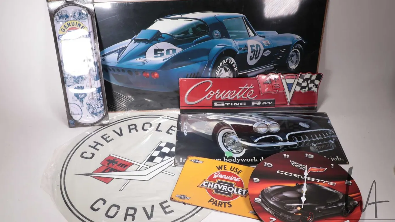 5 Chevy and Corvette related metal wall signs, Corvette clock, and a mid 60's Corvette poster signed