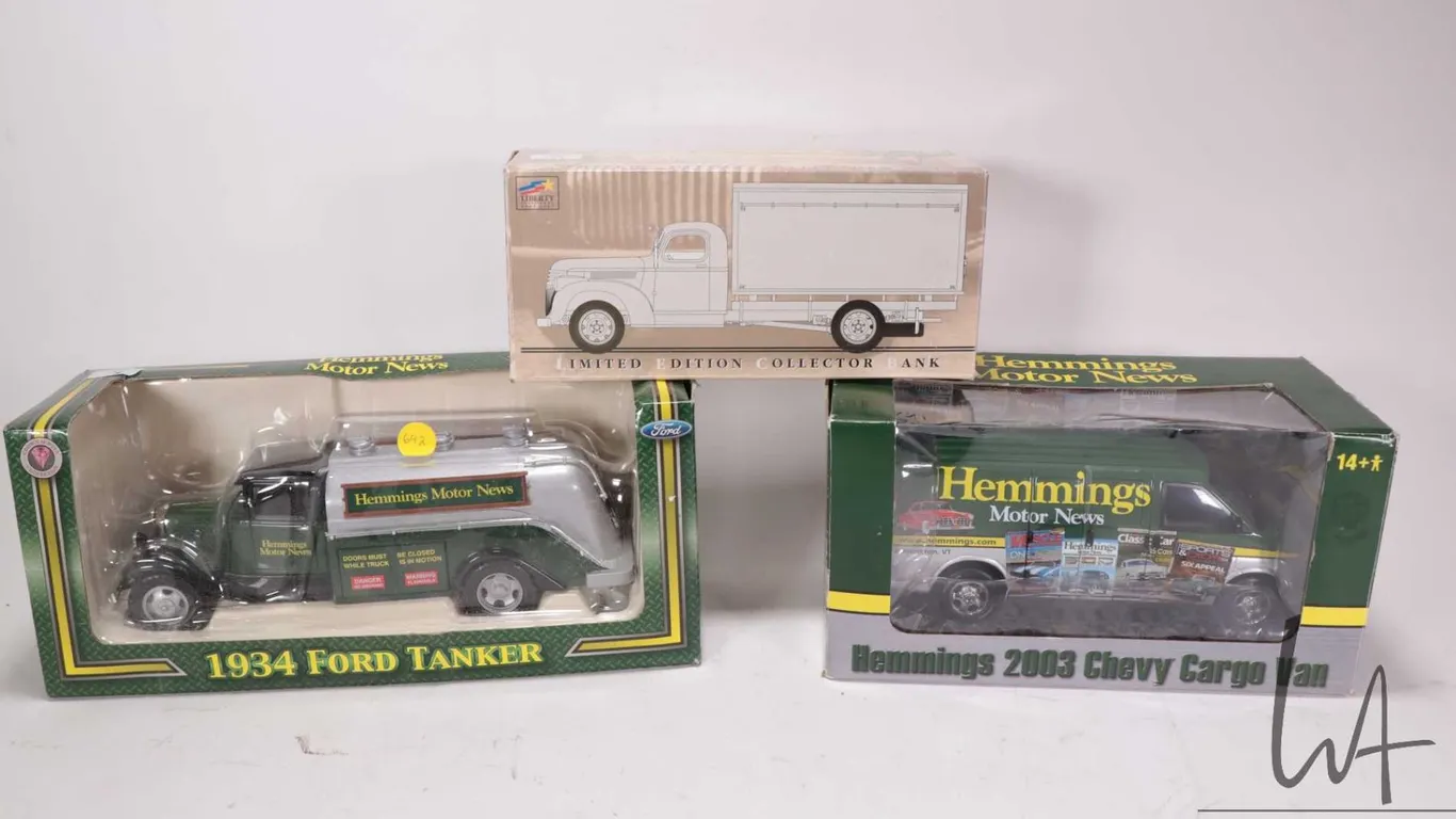3 Hemmings Motor News die cast collectable vehicles including 1942 Chevrolet van box bank, 1934 Ford