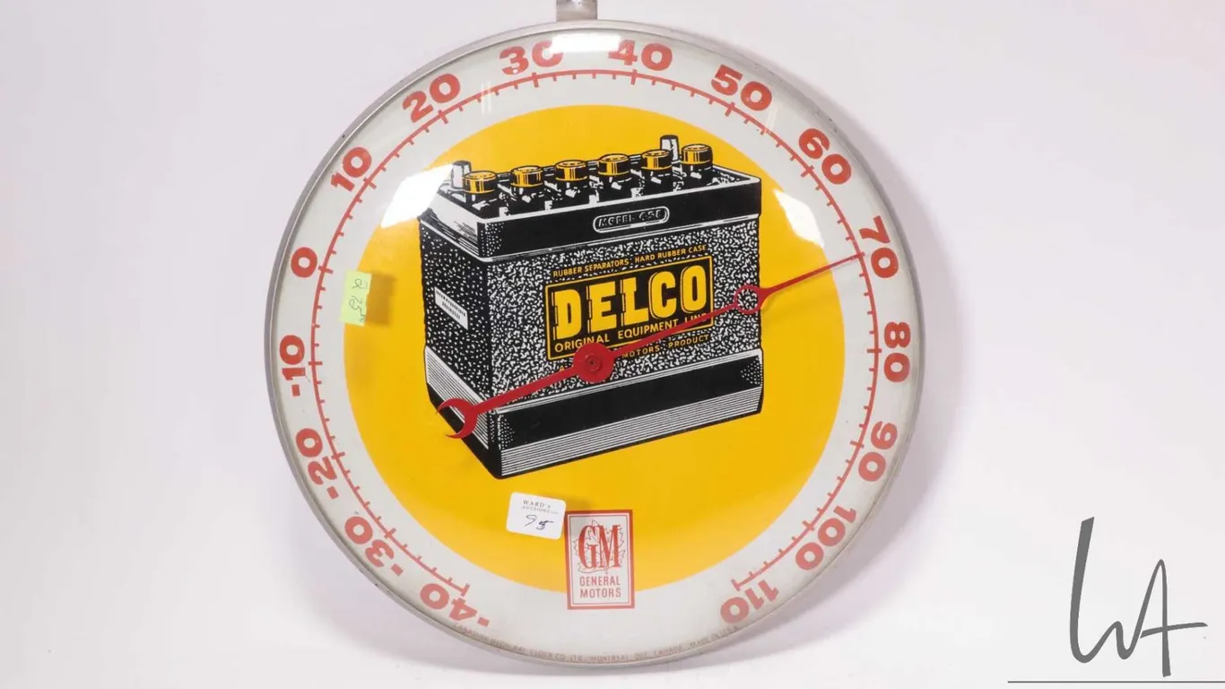 Vintage Delco Batteries 12" diameter temperature gauge
