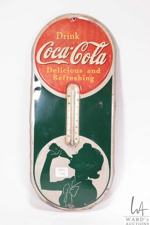 Vintage metal and porcelain "Coca-Cola" wall mount thermometer, 15-3/4" tall by 7" wide