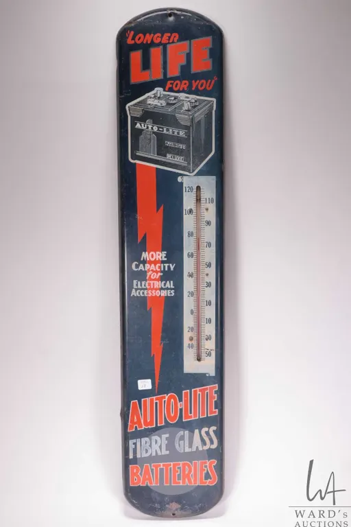 Vintage metal and porcelain Auto-Life Fibreglass Batteries thermometer (fahrenheit) 38 1/2" H X 8"