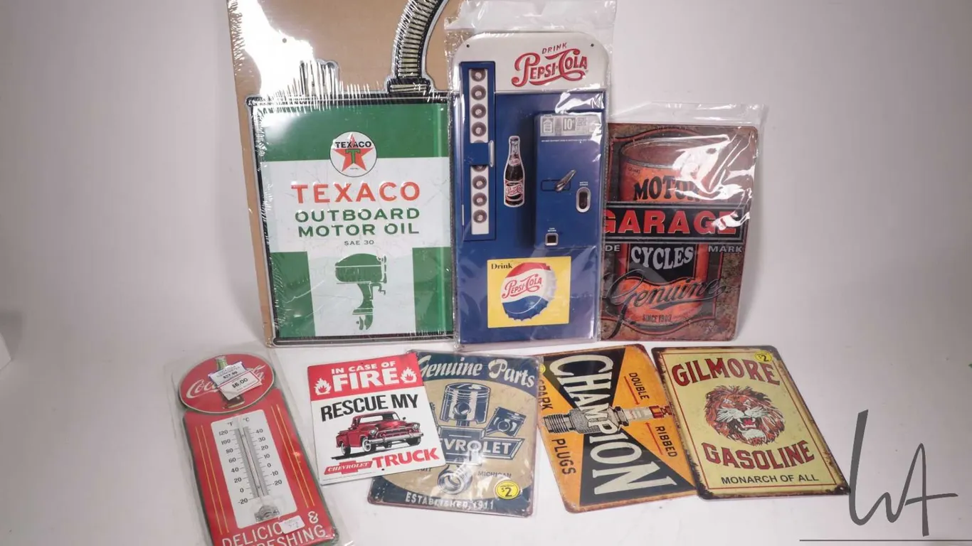 8 assorted reproduction metal wall signs and thermometers, various sizes and themes