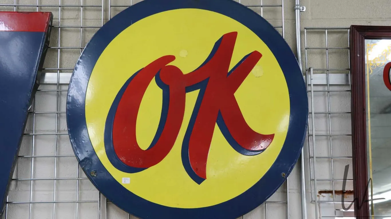 Vintage metal and porcelain "OK" button 32" in diameter, original fitted to lot 1