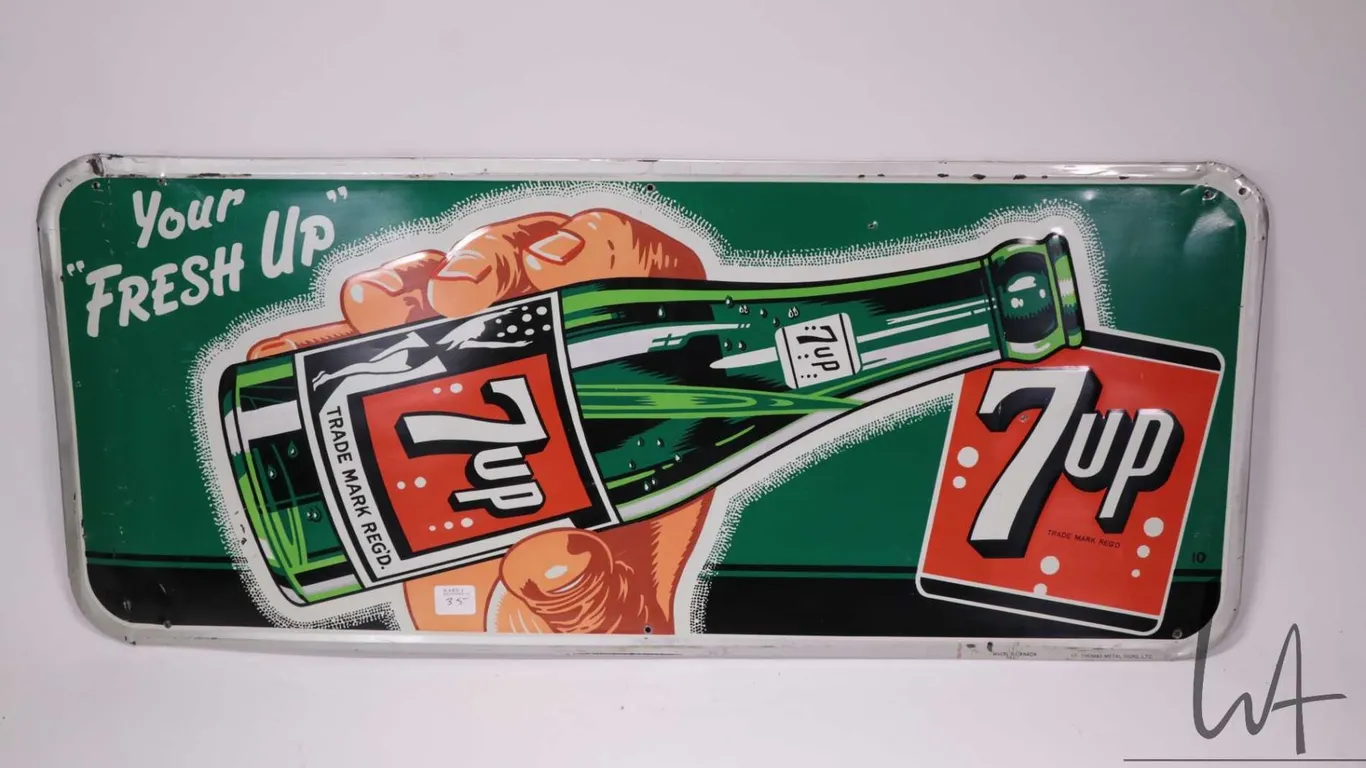 Vintage metal and porcelain "Your Fresh Up 7-UP", marked Made in Canada St. Thomas Metal Sign, 12 1