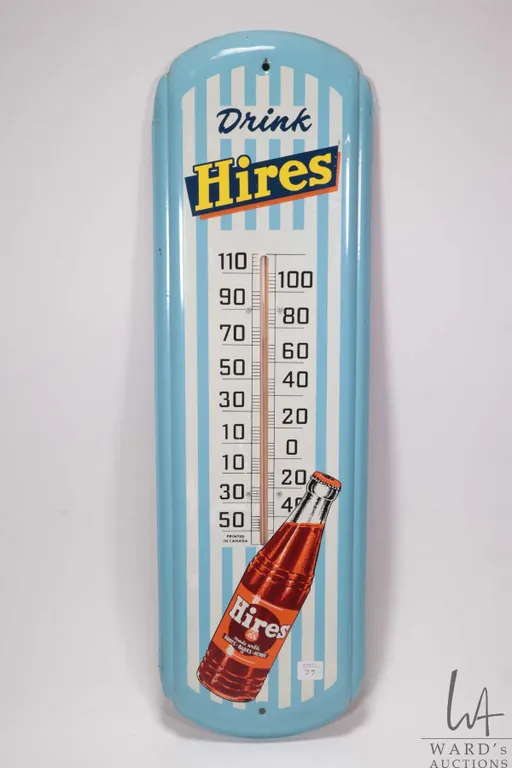 Vintage metal and porcelain Drink Hires thermometer (fahrenheit) marked Printed in Canada 27" H X 8