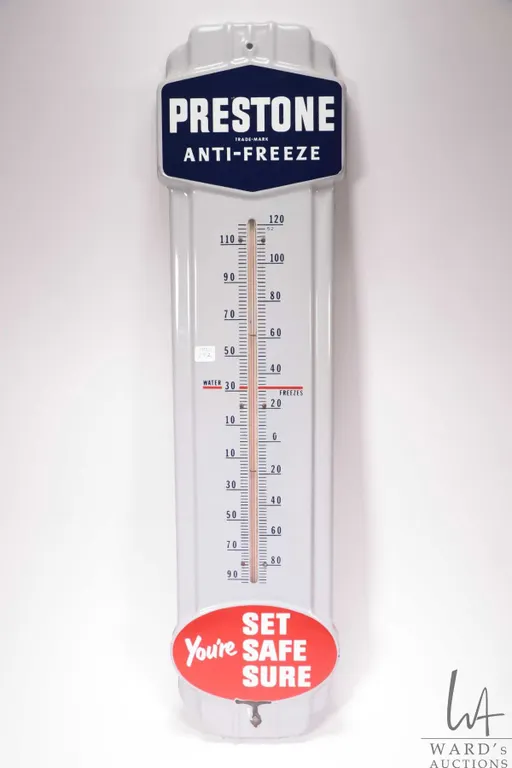 Vintage metal and porcelain "Prestone" wall mount thermometer, 36-1/4" x 9"