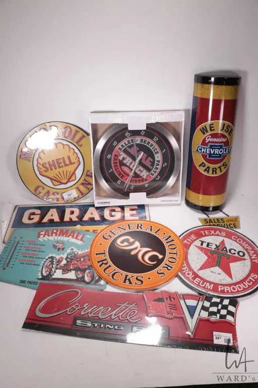 7 assorted reproduction metal wall signs and thermometers, and a reproduction wall clock, various si