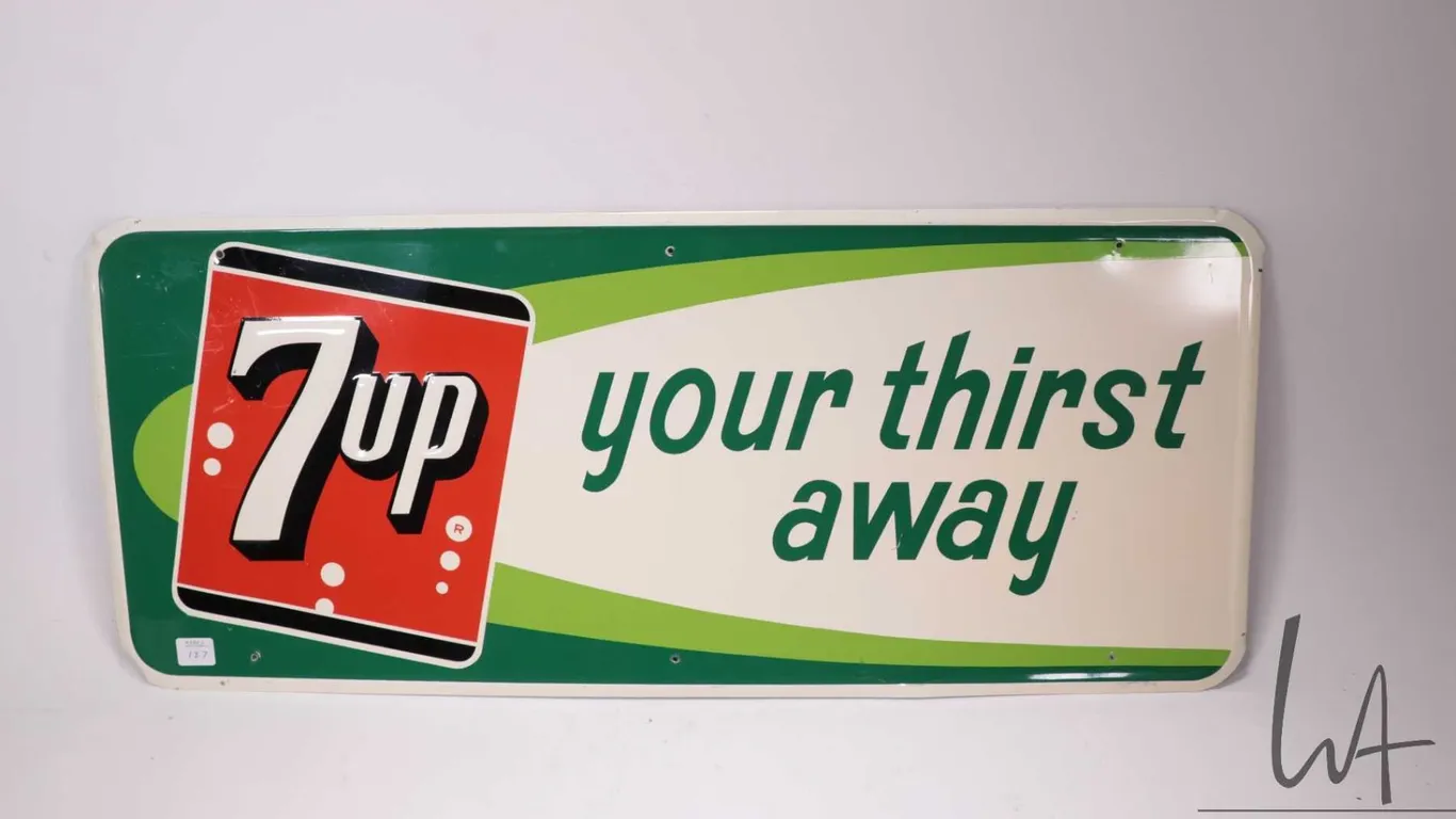 Vintage metal and porcelain "7-Up" wall sign dated 1964, 12-1/4" x 29-1/4"