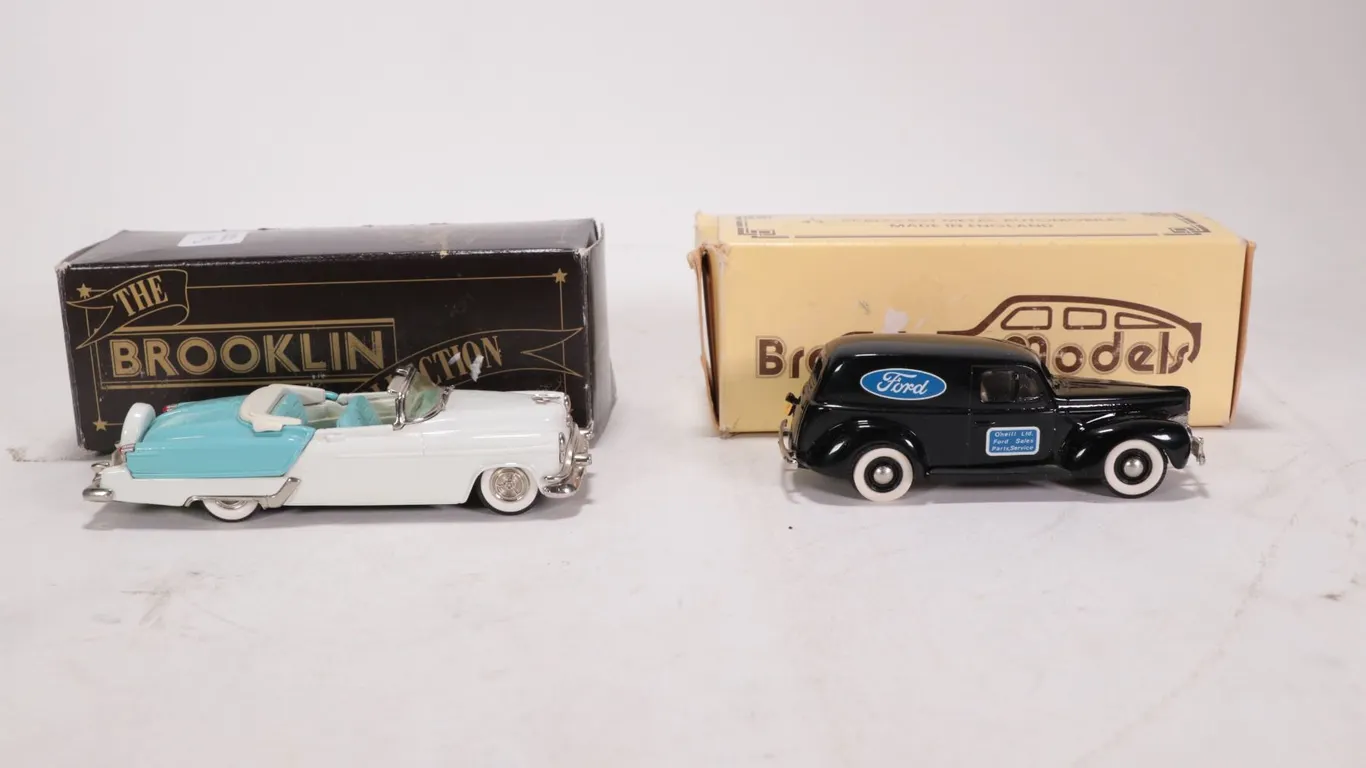 2 Brooklin 1:43 scale die cast models including 1953 Oldsmobile Fiesta and a 1940 Ford Sedan deliver