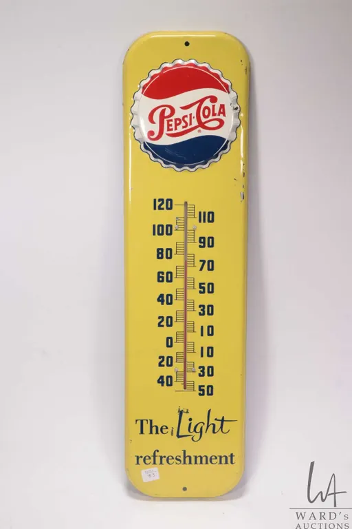Vintage metal and porcelain Pepsi-Cola thermometer (fahrenheit) marked Made in USA, 26 1/2" H X 7 '