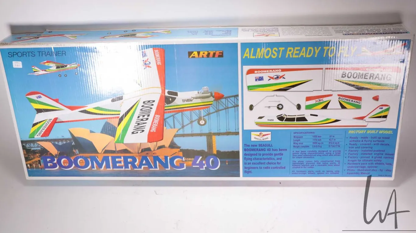 Artf Sports Trainer Boomerang 40 remote control airplane model kit, appears new in box