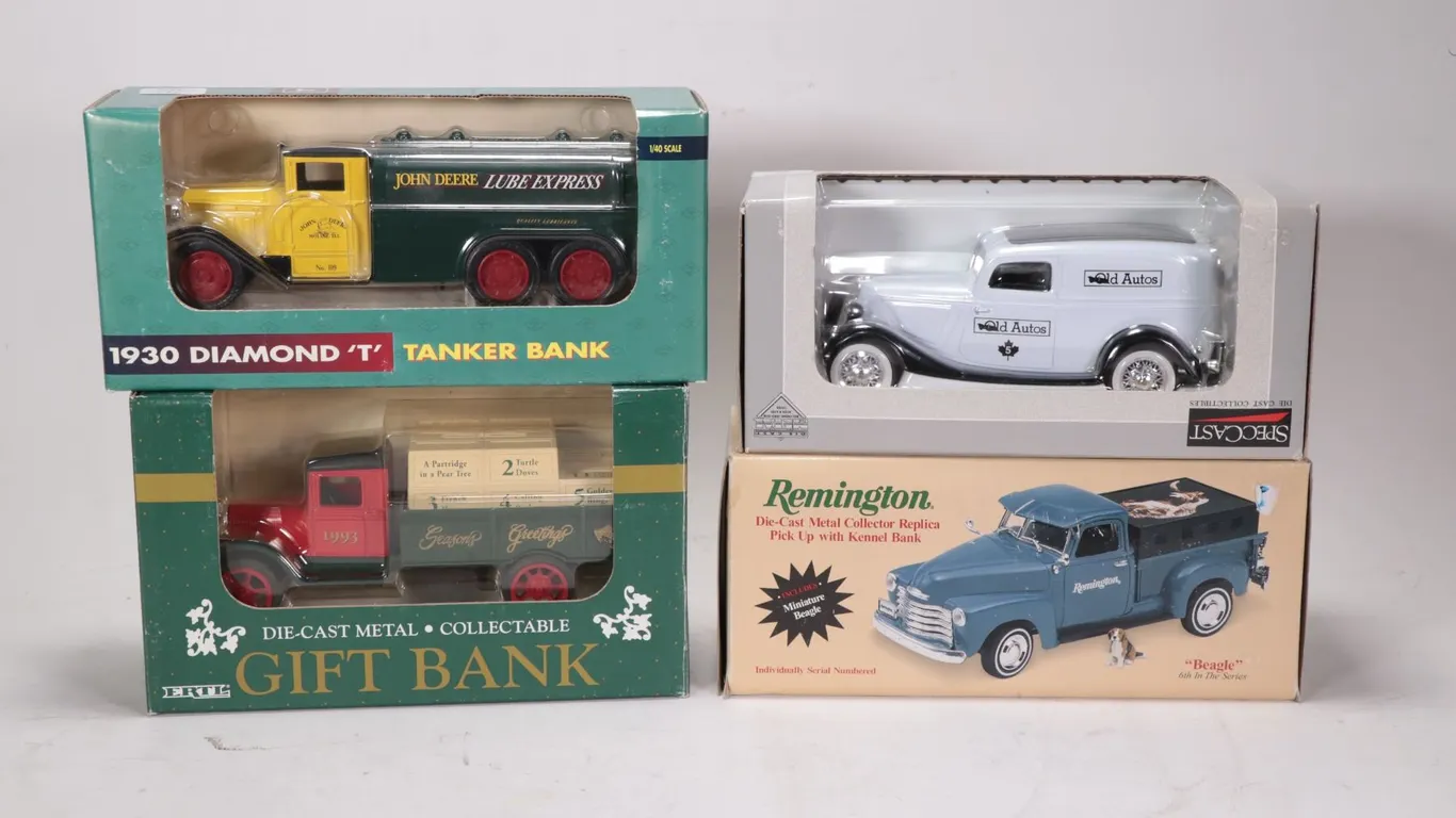 3 collectible Ertl car themed banks including John Deer tanker, Seasons Greetings flat deck truck, R