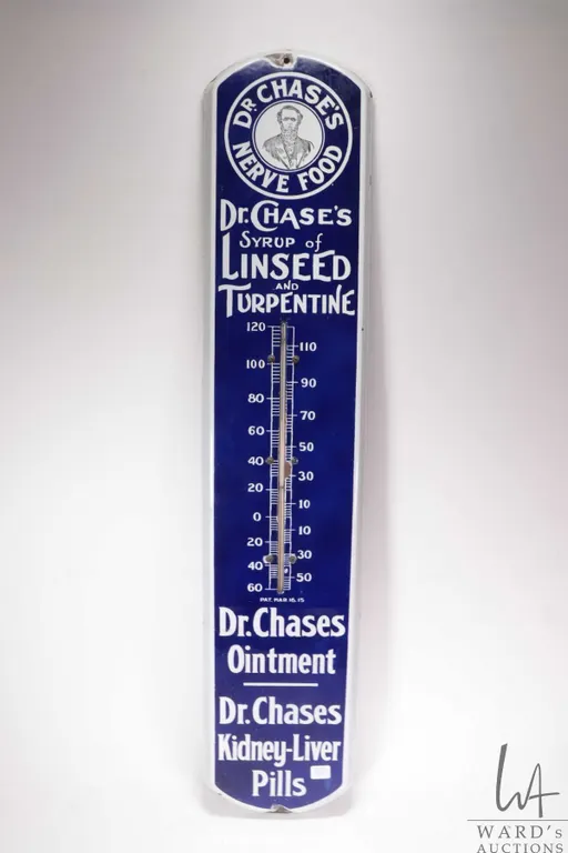 Vintage metal and porcelain "Dr. Chases Linseed and Turpentine" wall mount thermometer, 39" tall x 8