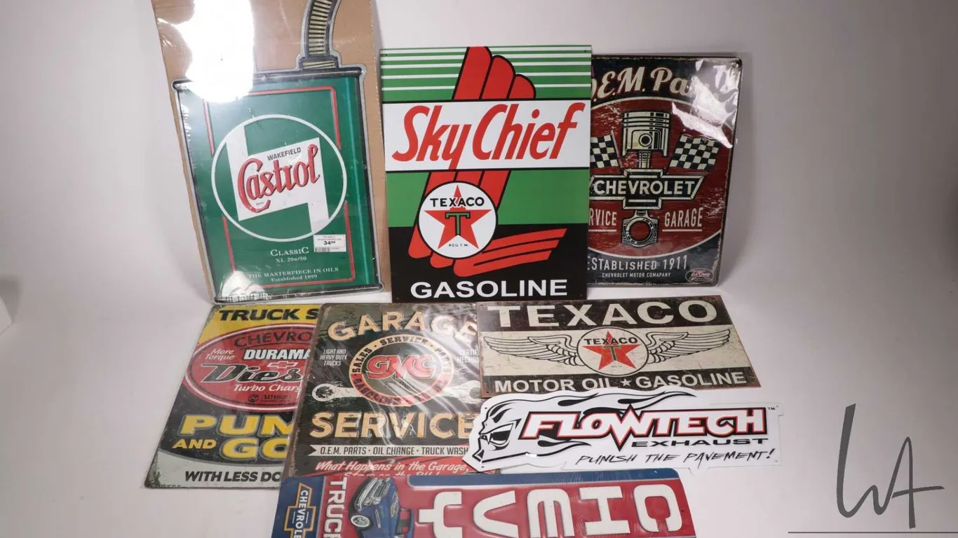 8 assorted reproduction metal wall signs and thermometers, various sizes and themes