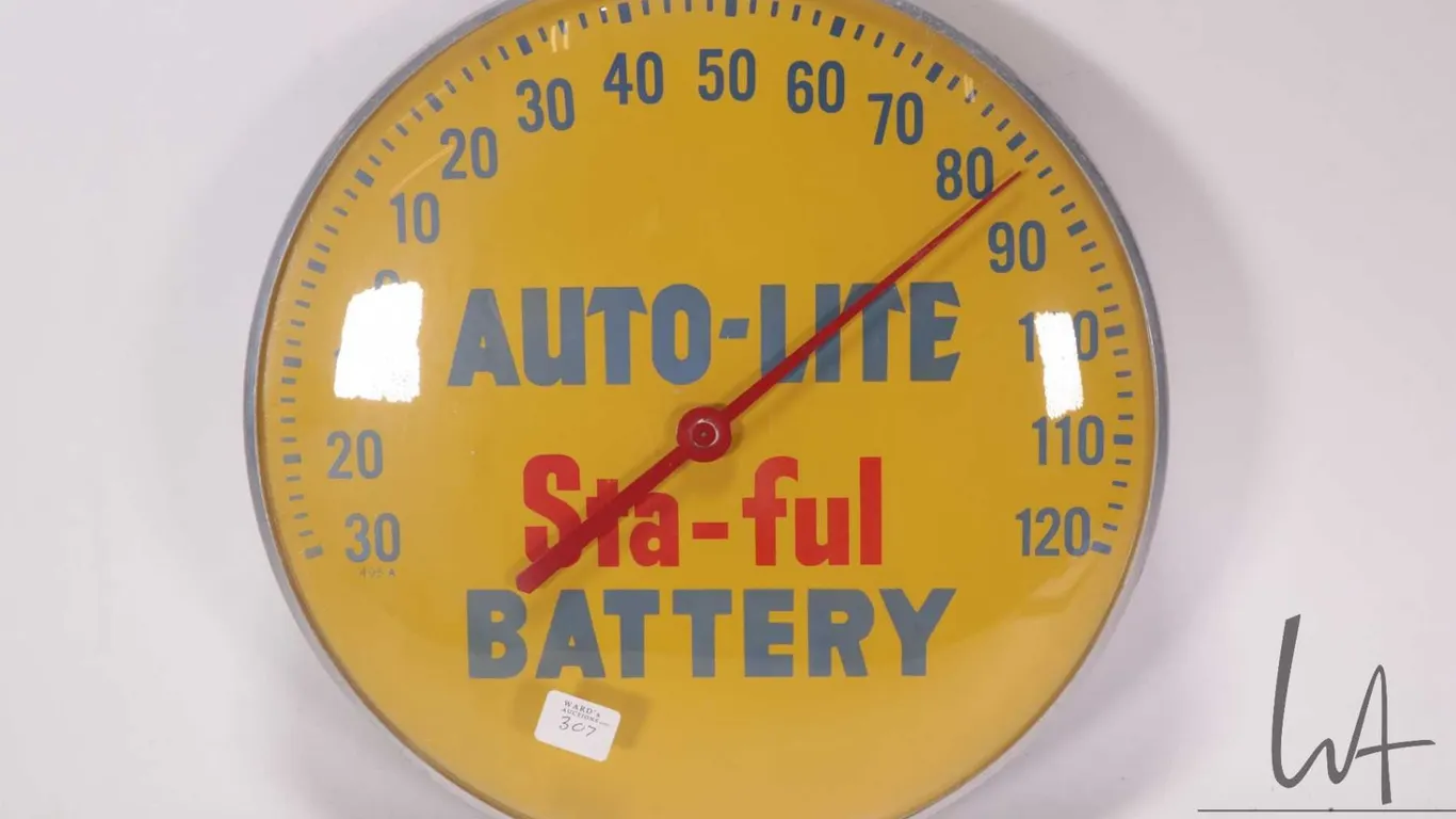 Vintage "Auto-Lite Batteries" 12" round wall mount thermometer