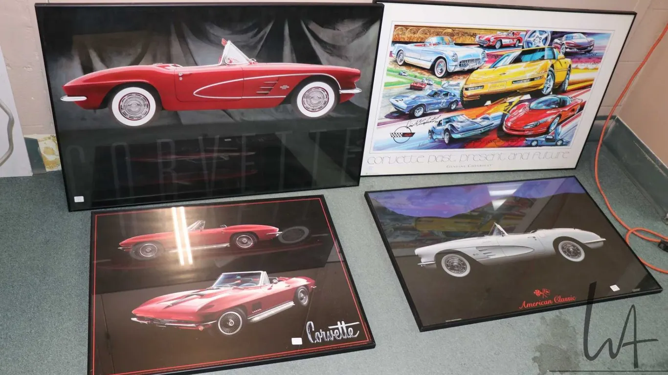 4 framed Corvette prints including "Corvette: Past, Present, and Future" poster signed by Dick Guldt