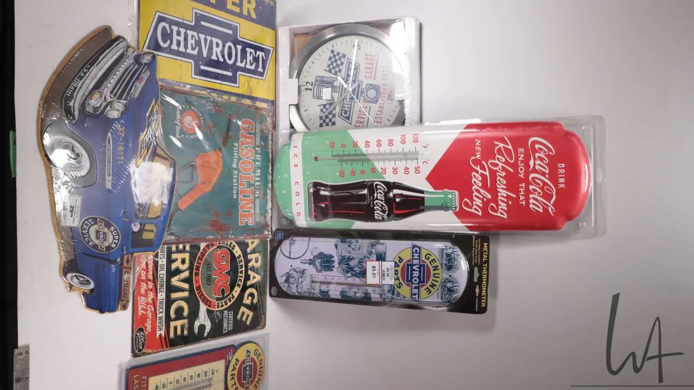 7 assorted reproduction metal wall signs and thermometers, and a reproduction wall clock, various si
