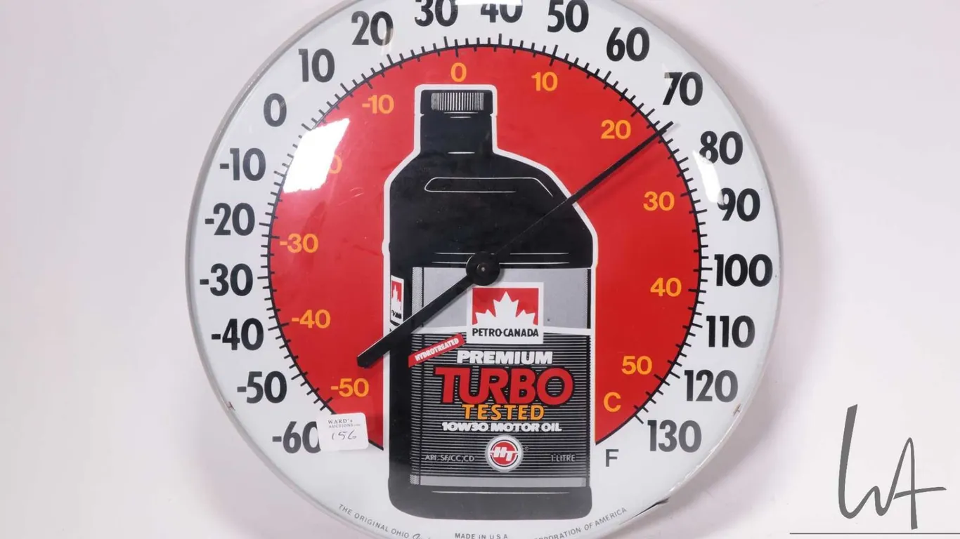 Vintage PetroCanada Premium Turbo Motor Oil 12" diameter temperature gauge