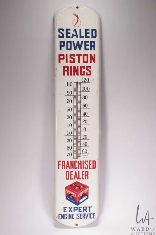 Vintage metal and porcelain Sealed Power Pistol Rings thermometer ( fahrenheit) marked Made in USA,
