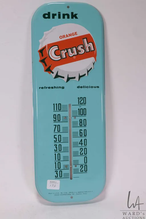 Vintage metal and porcelain "Orange Crush" wall mount thermometer, 16" tall x 6" wide