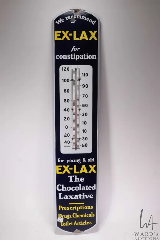 Vintage metal and porcelain "Ex-Lax" wall mount thermometer 39" tall x 8" wide