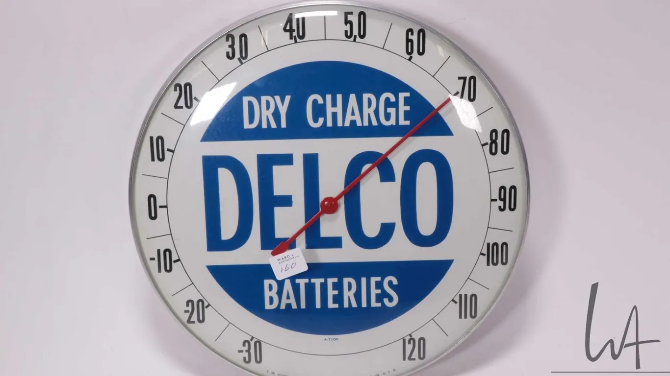 Vintage Delco Batteries 12" diameter temperature gauge