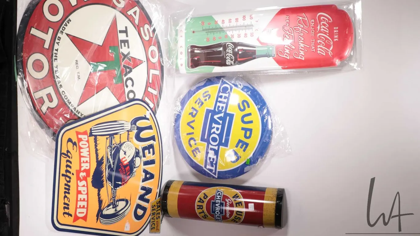 5 reproduction metal wall signs and thermometers, various themes and sizes