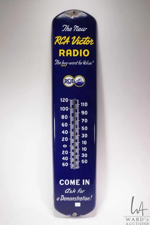 Vintage metal and porcelain "RCA Victor Radio" wall mount thermometer 39" tall x 8-1/4" wide
